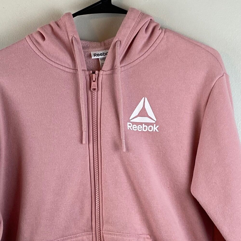 REEBOK Womens Fleece Hoodie Pink FULL Zip Size XS Drawstring Hood Pockets - Picture 2 of 5